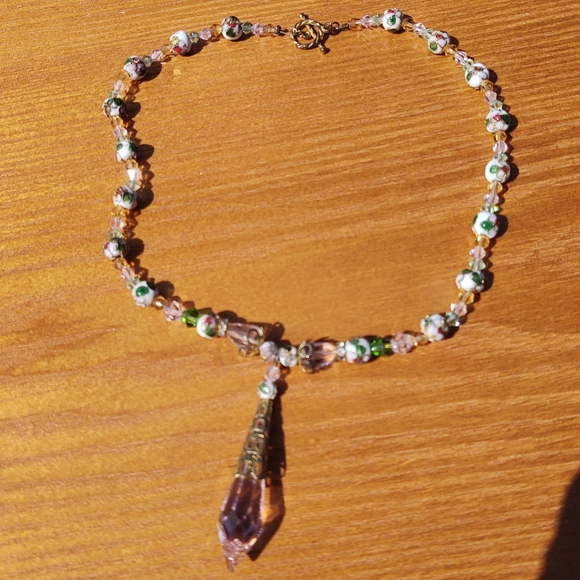 Handmade Swarovski Crystal and Cloisonne Beaded Necklace and Earring Set - Picture 2 of 4